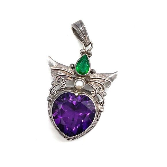 Shankari signed pendant 925 Sterling Silver w/ Amethyst, Pearls &Green C… - Picture 4 of 4